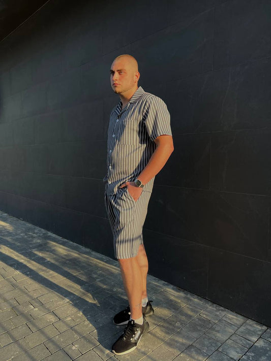 Чоловіча піжама, літній костюм з льону. Сорочка та шорти в смужку колір графіт