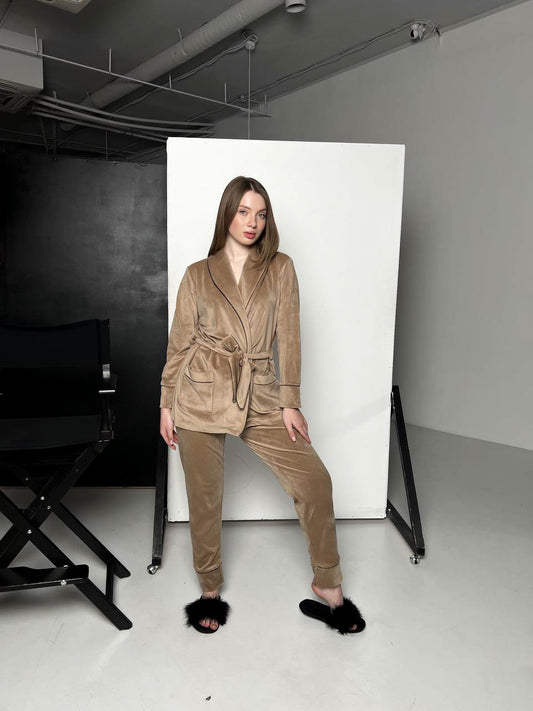 Жіноча піжама халат Велюр плюш . Халатик та штани . Колір Бежевий