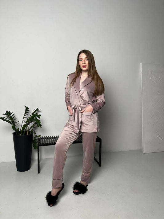 Жіноча піжама халат Велюр плюш . Халатик та штани . Колір Пудра