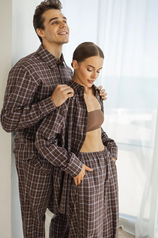 Парна чоловіча піжама в клітинку, байкова тканина,коричневий , сорочка і штани