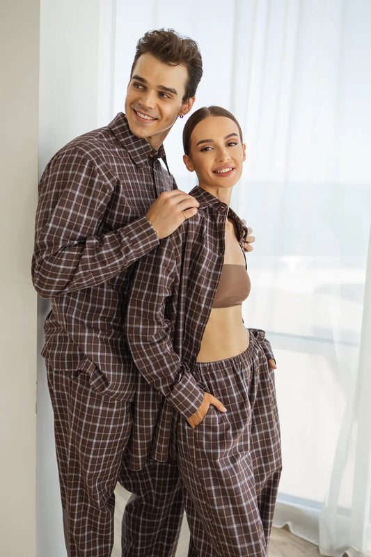 Тепла піжама жіночі в клітинку, колір шоколад, з м’якої байкової тканини, комплект: сорочка з довгим рукавом і штани