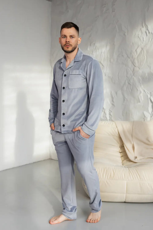 Тепла чоловіча піжама з велюрового плюшу, світло сірий колір – ідеальна зимова піжама, комфортна флісова піжама чоловіча.