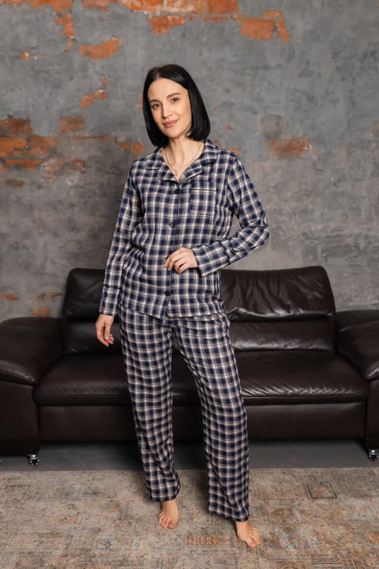 Стильна синя піжама в клітинку для жінок, котон люкс, комплект: сорочка з довгим рукавом і м’які штани.