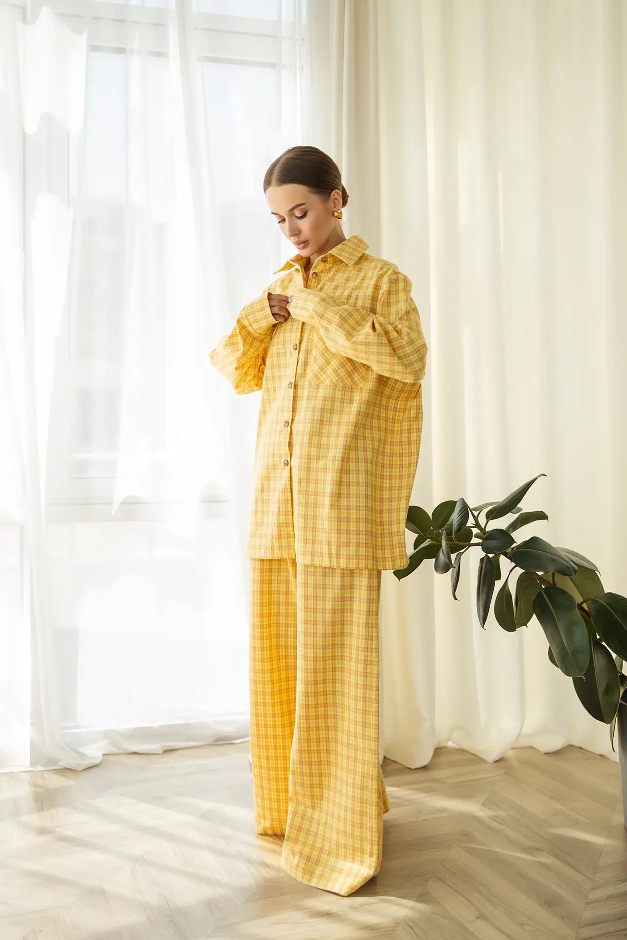 Тепла піжама жіночі в клітинку, жовтий, з м’якої байкової тканини, комплект: сорочка з довгим рукавом і штани