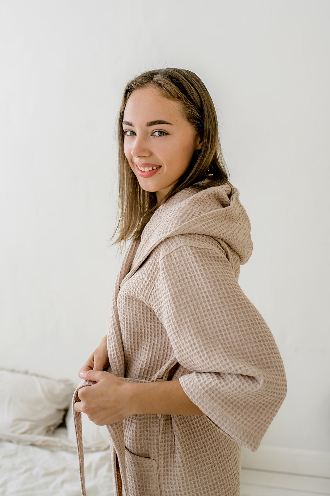 Жіночий вафельний халат із капюшоном, беж, бавовна