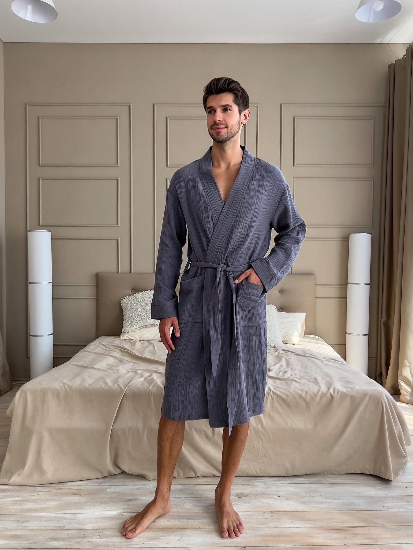 Чоловічий халат із мусліну темно-сірий з синім відтінком Estet