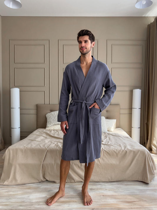 Чоловічий халат із мусліну темно-сірий з синім відтінком Estet