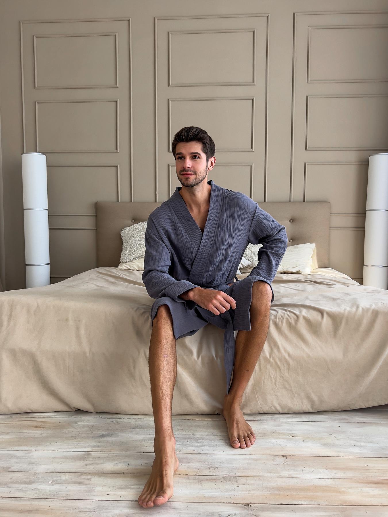 Чоловічий халат із мусліну темно-сірий з синім відтінком Estet