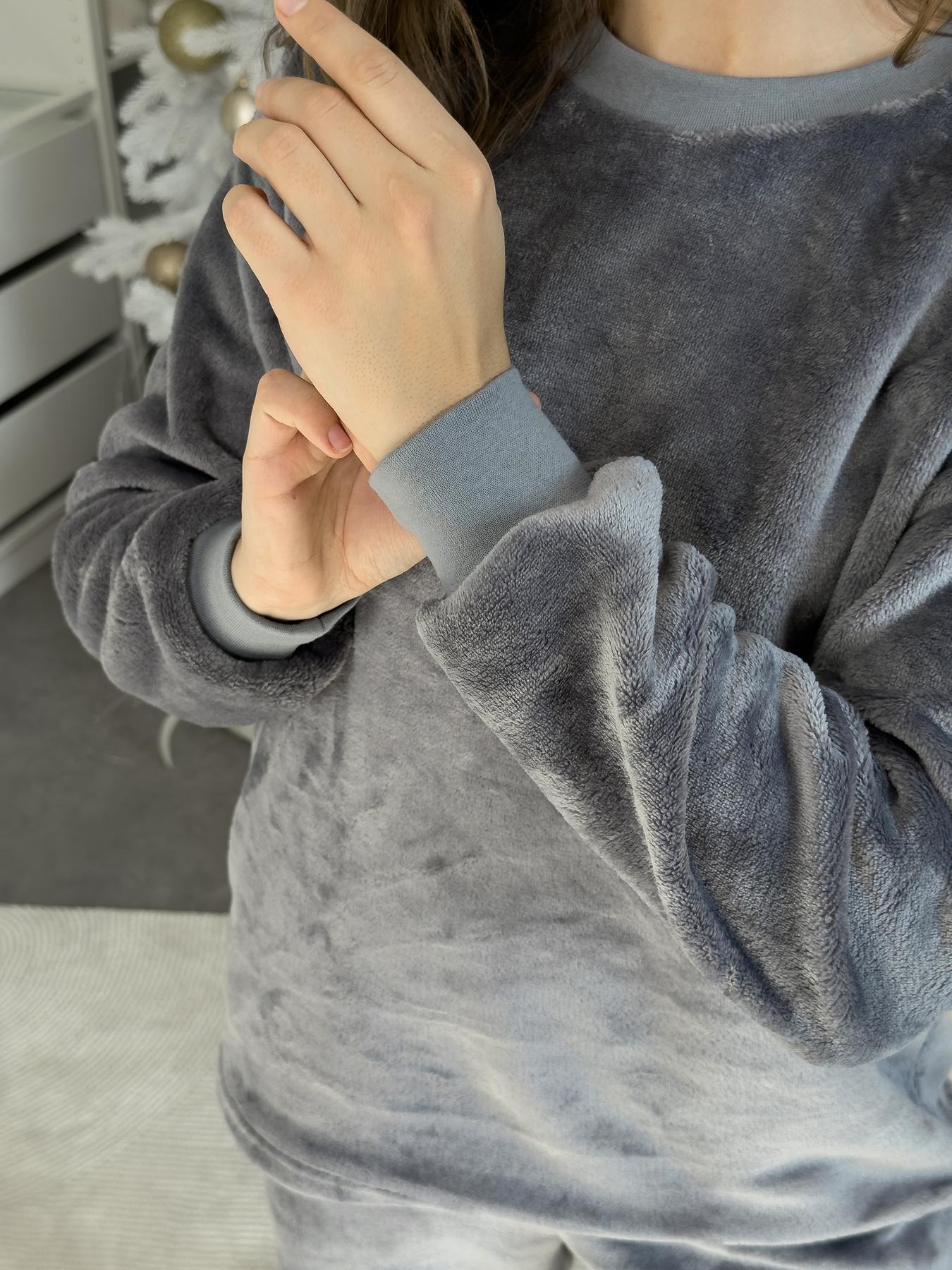 Жіноча тепла піжама з велсофту, сіра, з манжетами на рукавах і штанах, Теплик