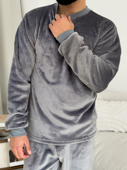 Чоловіча тепла піжама з велсофту сірого кольору з манжетами