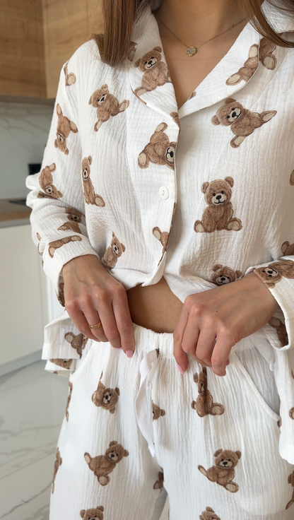 Жіноча Муслінова піжама сорочка+штани, ведмедики Teddy молочний — фото 8