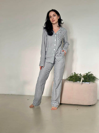 Жіноча піжама з фланелі, сіро-біла клітинка, комплект сорочка і штани