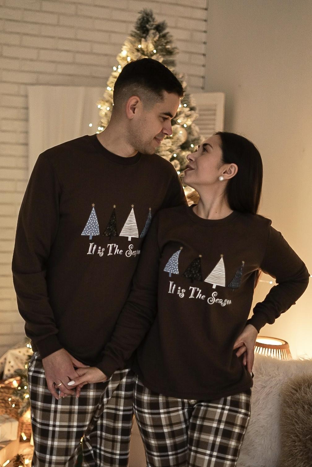 Жіноча тепла піжама “Святковий Затишок”, комплект свитшот і штани шоколадний колір з клітинкою