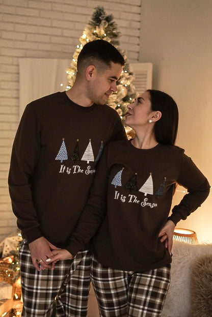 Жіноча тепла піжама “Святковий Затишок”, комплект свитшот і штани шоколадний колір з клітинкою