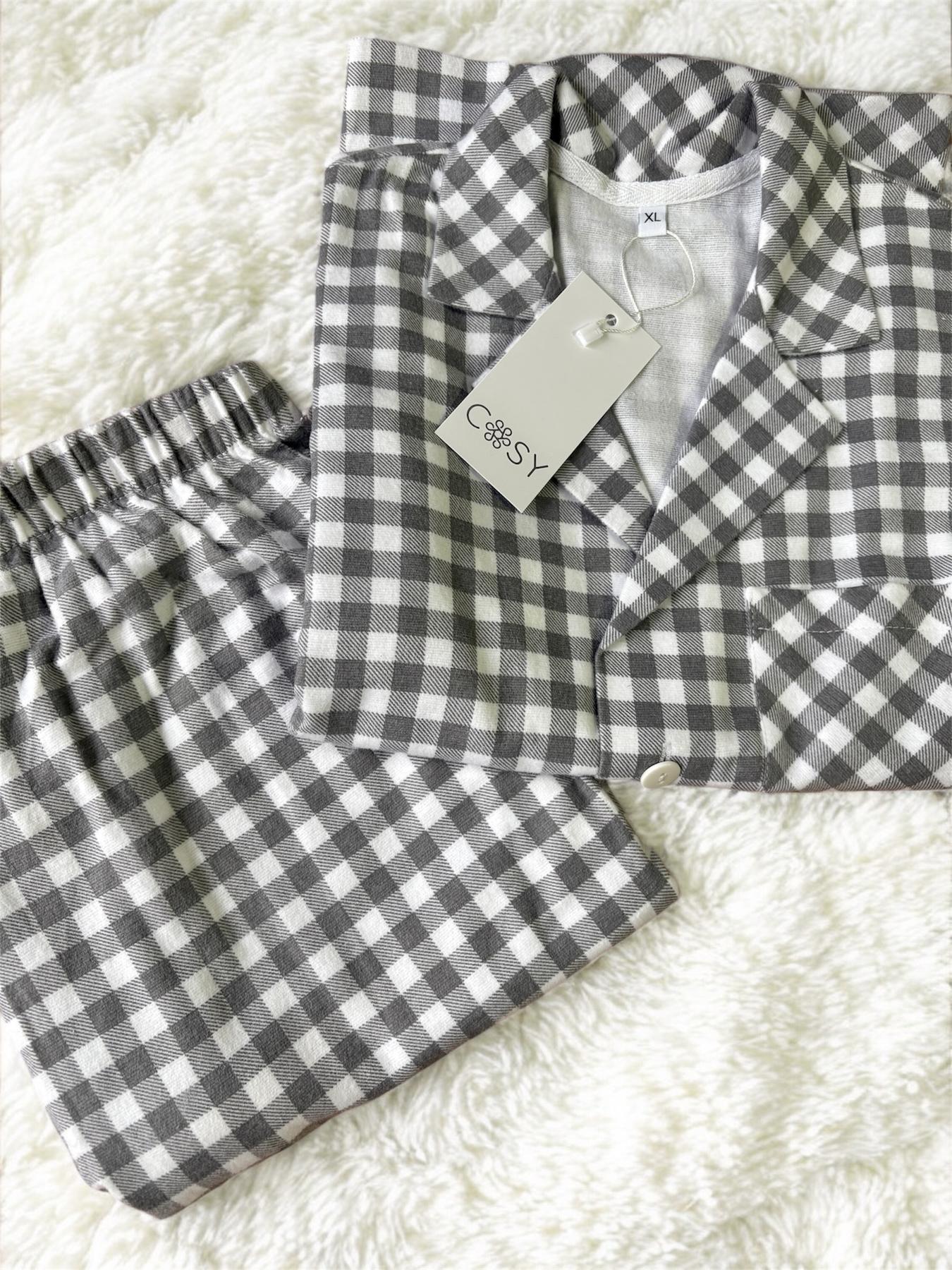 Жіноча піжама з фланелі, сіро-біла клітинка, комплект сорочка і штани