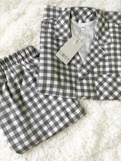 Жіноча піжама з фланелі, сіро-біла клітинка, комплект сорочка і штани