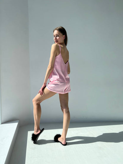 Жіноча піжама. Майка з шортам шовк кант, рожевий колір - Original Textile