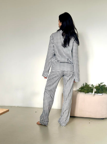 Жіноча піжама з фланелі, сіро-біла клітинка, комплект сорочка і штани