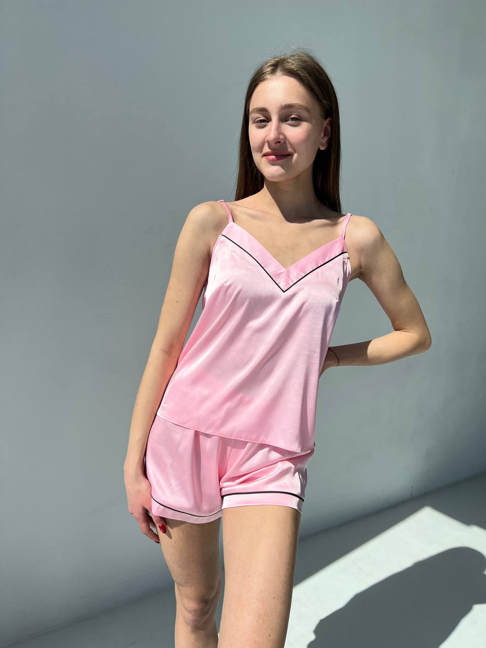 Жіноча піжама. Майка з шортам шовк кант, рожевий колір - Original Textile