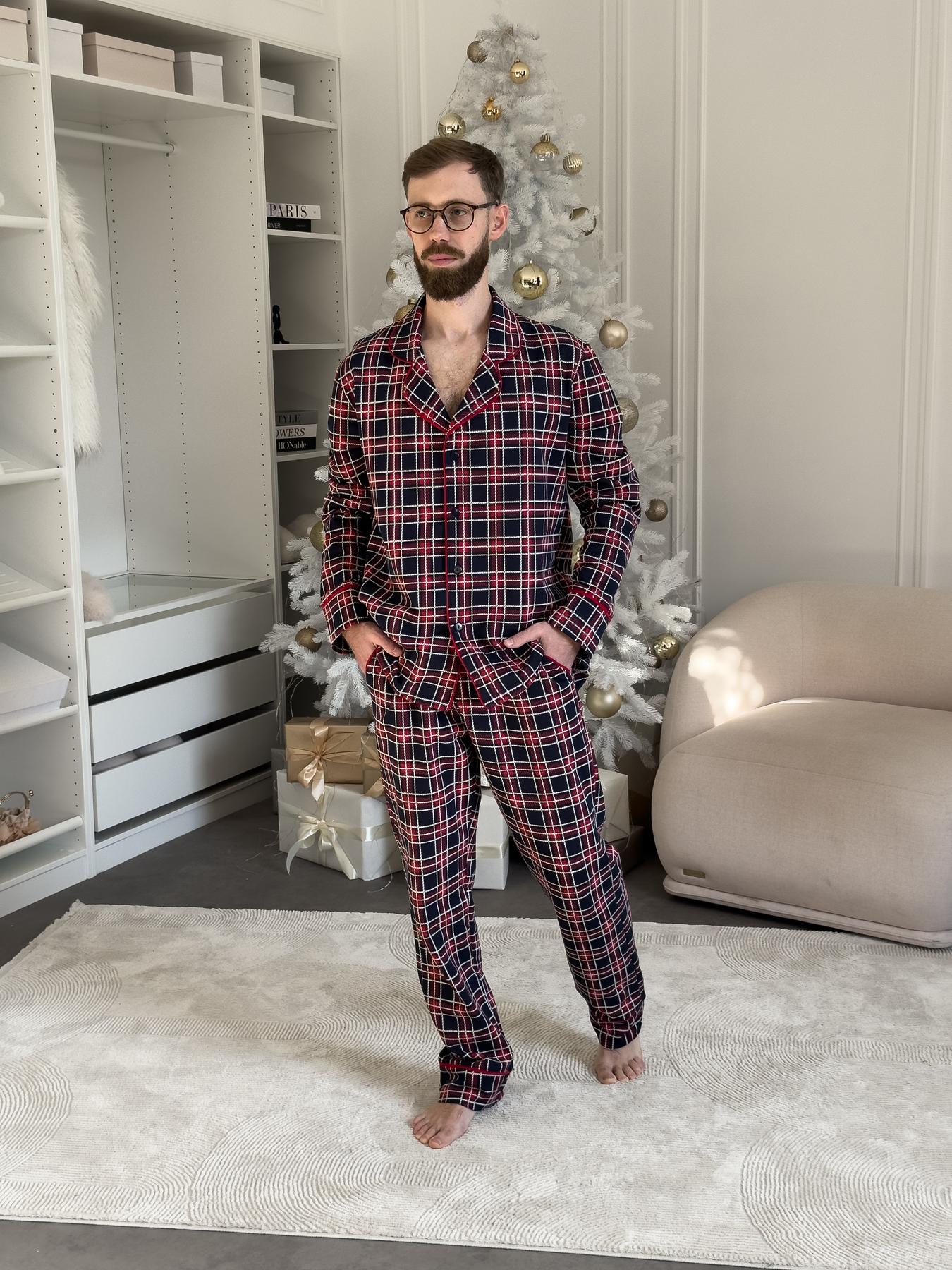 Чоловіча тепла піжама з футеру на ґудзиках з начосом червоно-синя клітинка, комплект сорочка і штани Oxford