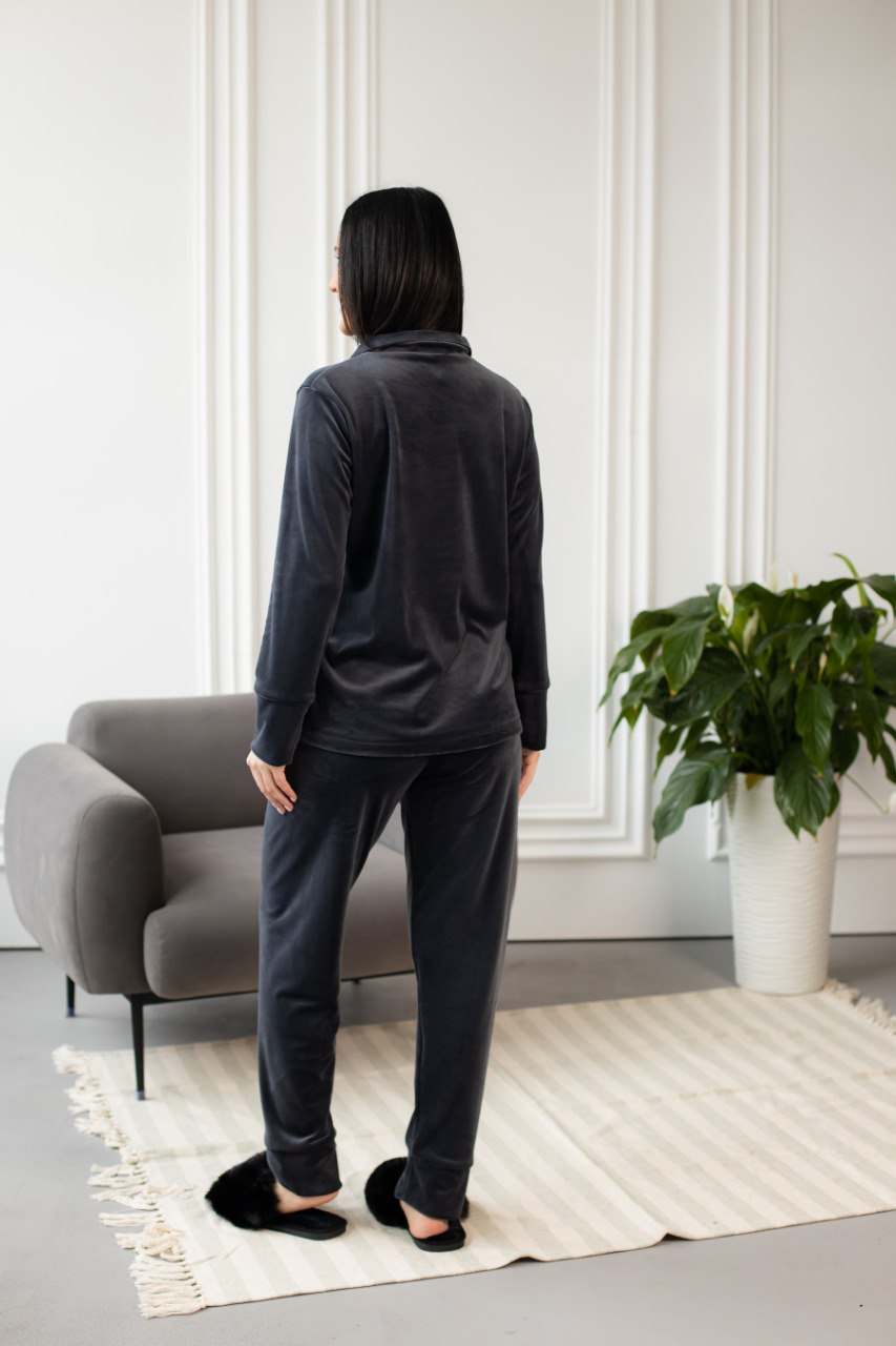 Тепла жіноча піжама, велюр плюш. Домашній костюм. Колір графіт