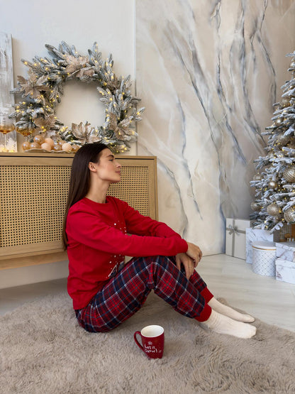 Жіноча тепла піжама Winter Holiday з начосом, комплект лонгслів і штани червоно-синя клітинка