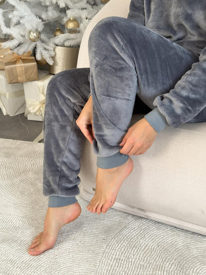 Жіноча тепла піжама з велсофту, сіра, з манжетами на рукавах і штанах, Теплик