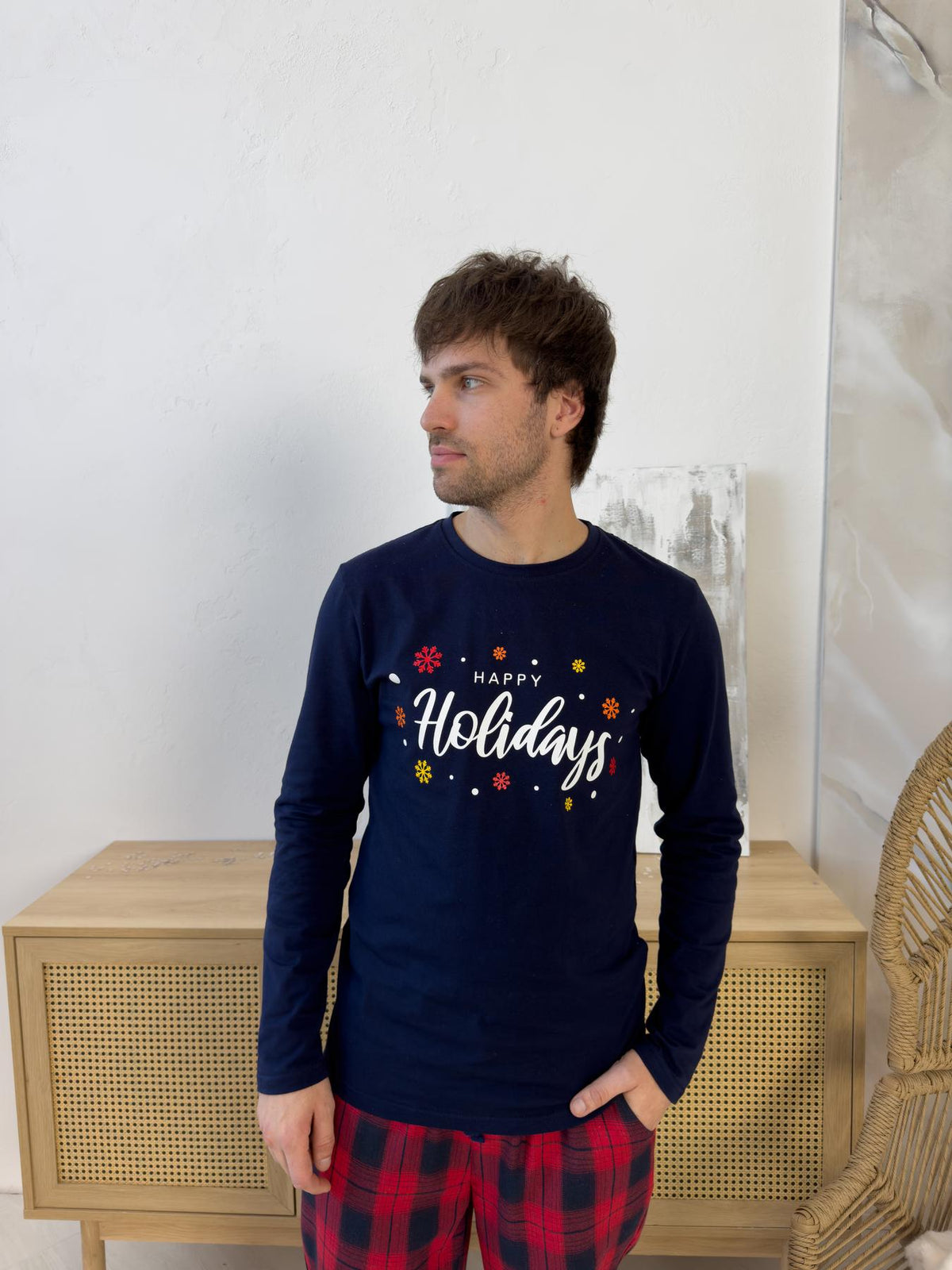 Лонгслів чоловічий "Happy Holidays" синій, бавовна — фото 2