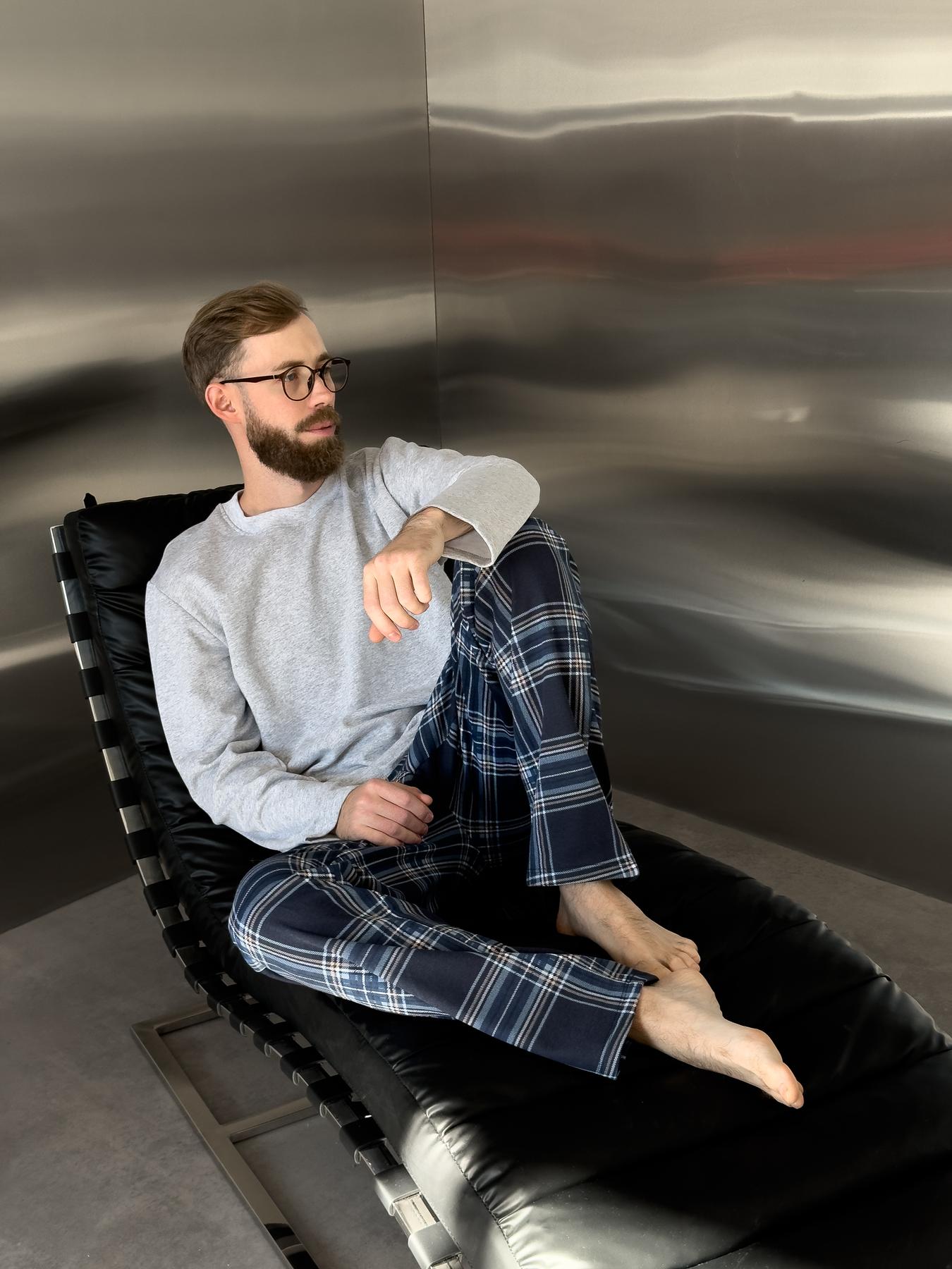 Жіноча тепла піжама з футеру з начосом, комплект лонгслів і штани синя клітинка, Скандинавія NEW