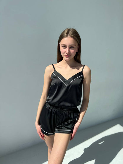 Жіноча піжама. Майка з шортам шовк кант, Чорний БК - Original Textile