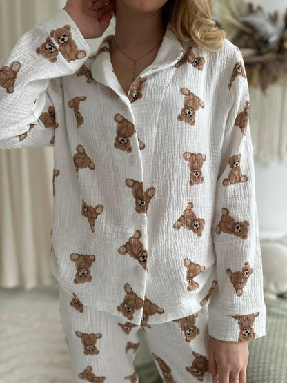 Жіноча Муслінова піжама сорочка+штани, ведмедики Teddy молочний — фото 3