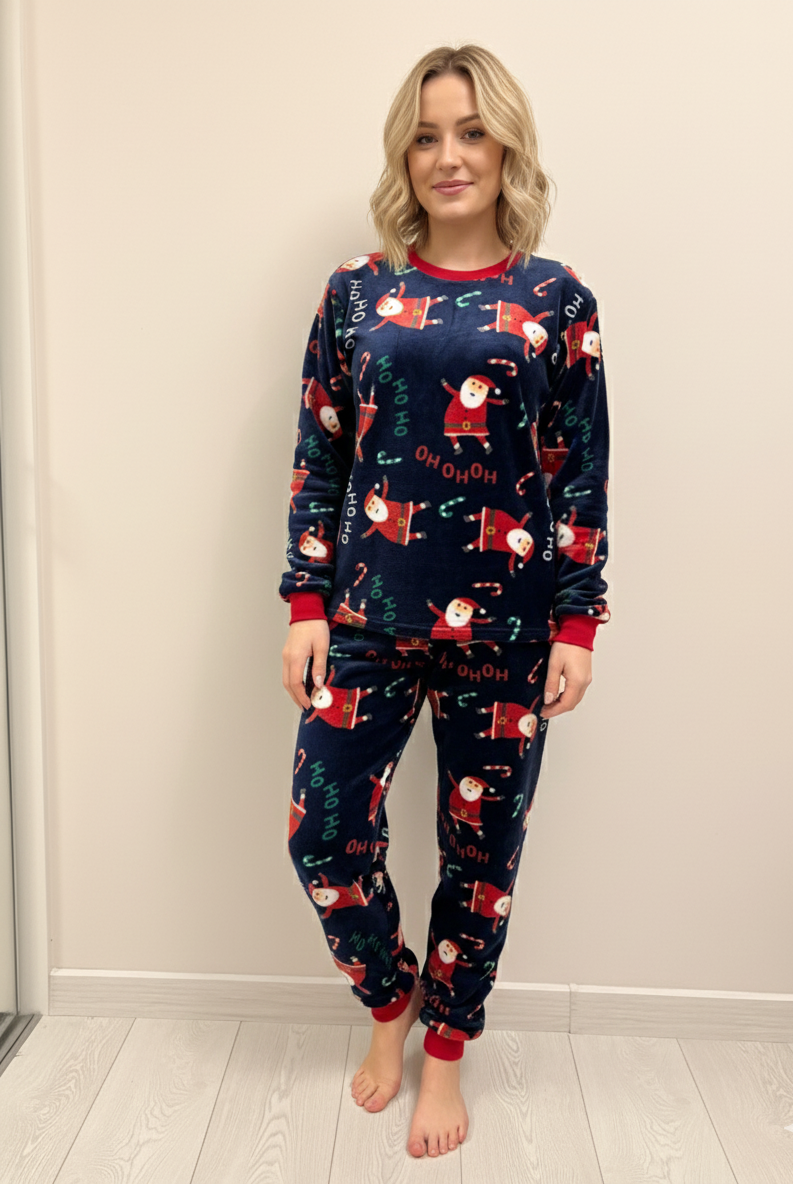 Жіноча тепла піжама з велсофту Santa, темно-синій з принтом Санти