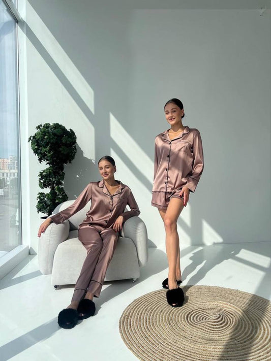 Жіноча піжама 3 в 1 Армані шовк. Сорочка, штани та шорти колір Беж