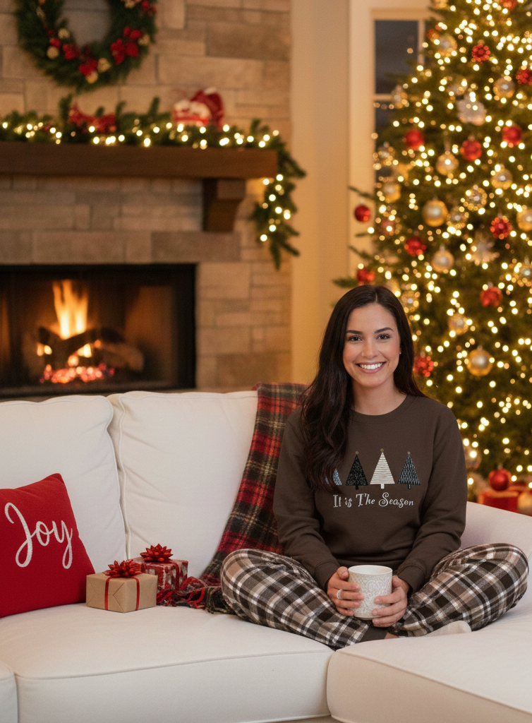 Жіноча тепла піжама “Святковий Затишок”, комплект свитшот і штани шоколадний колір з клітинкою