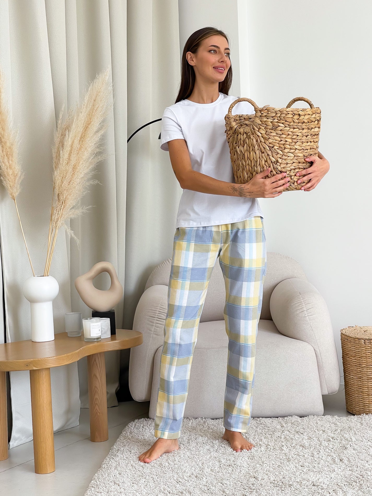 Жіночий комплект з фланелі трійка жовто-сіра клітинка