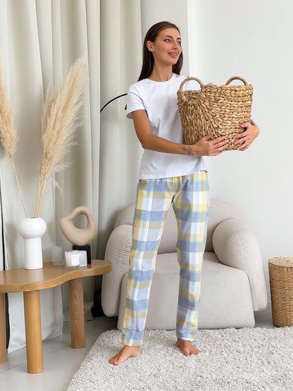 Жіночий комплект з фланелі трійка жовто-сіра клітинка