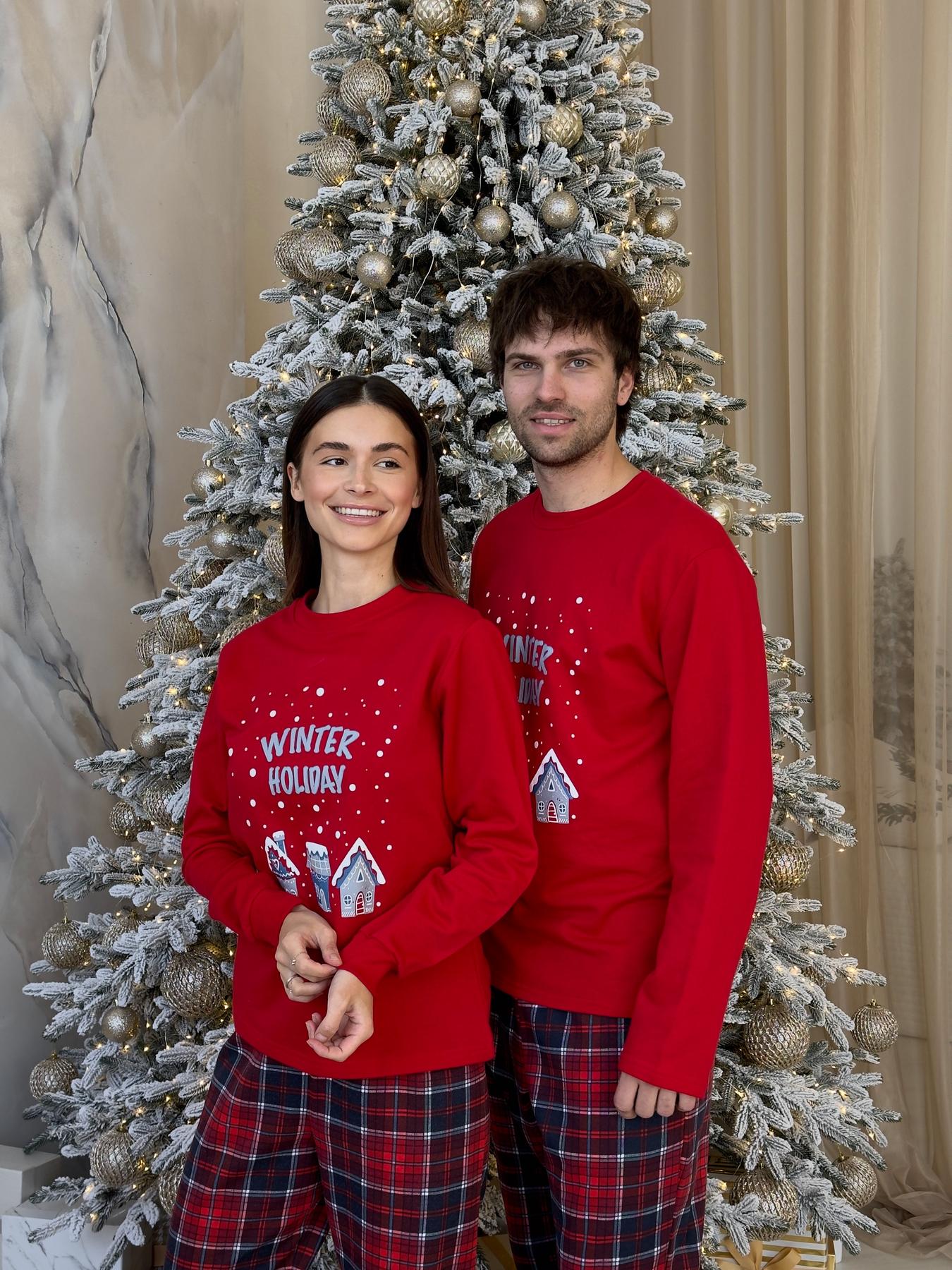 Жіноча тепла піжама Winter Holiday з начосом, комплект лонгслів і штани червоно-синя клітинка