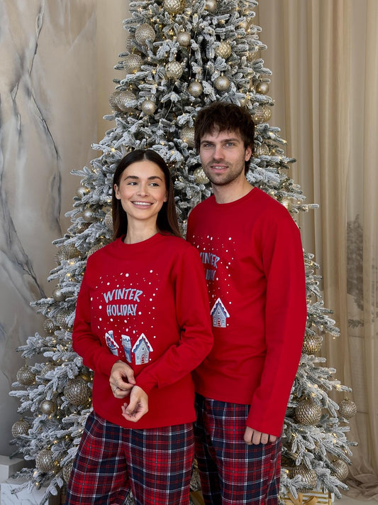 Жіноча тепла піжама Winter Holiday з начосом, комплект лонгслів і штани червоно-синя клітинка