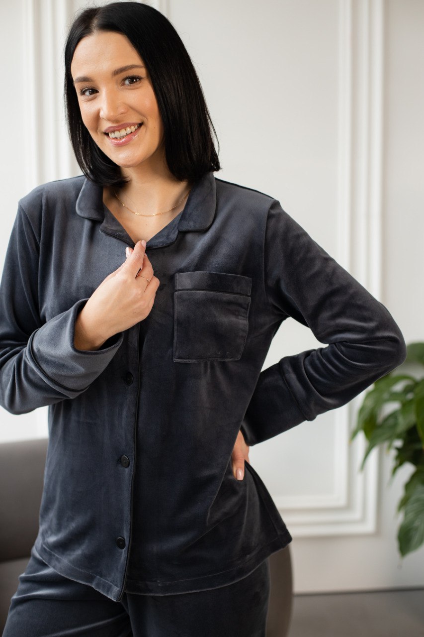 Тепла жіноча піжама, велюр плюш. Домашній костюм. Колір графіт