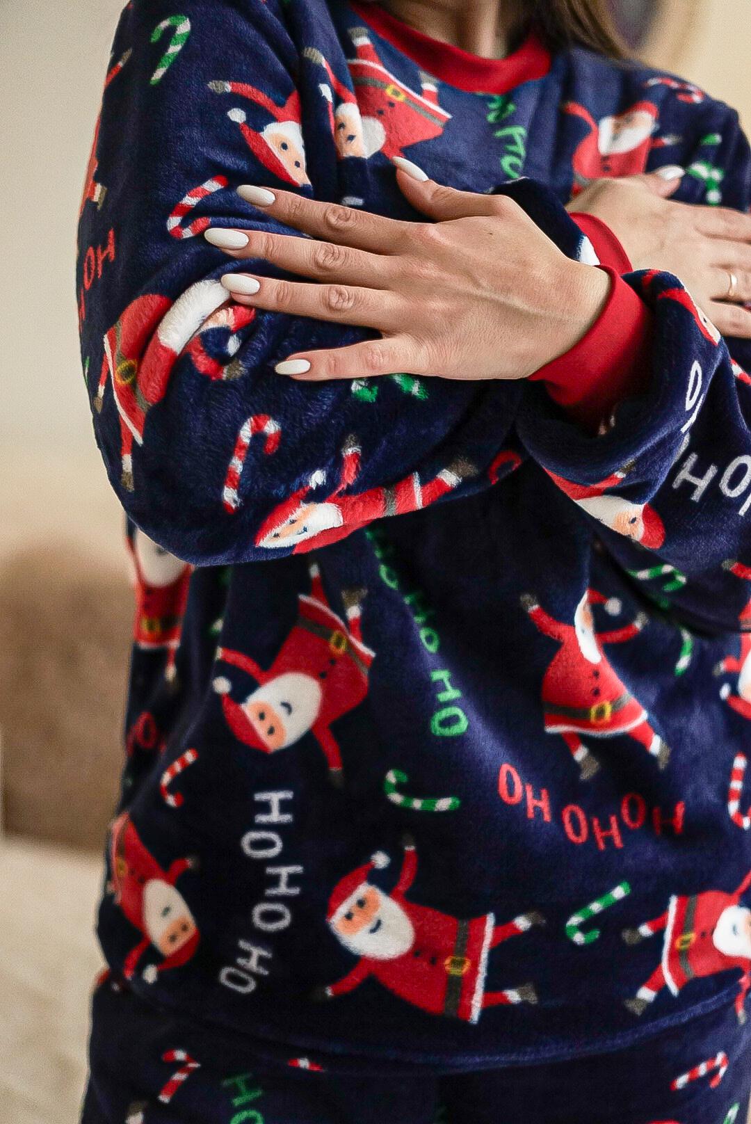 Жіноча тепла піжама з велсофту Santa, темно-синій з принтом Санти