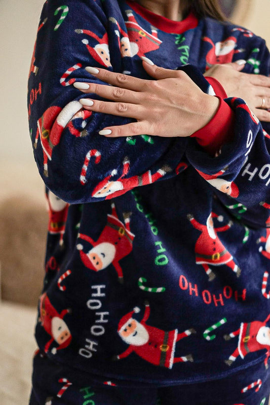 Жіноча тепла піжама з велсофту Santa, темно-синій з принтом Санти