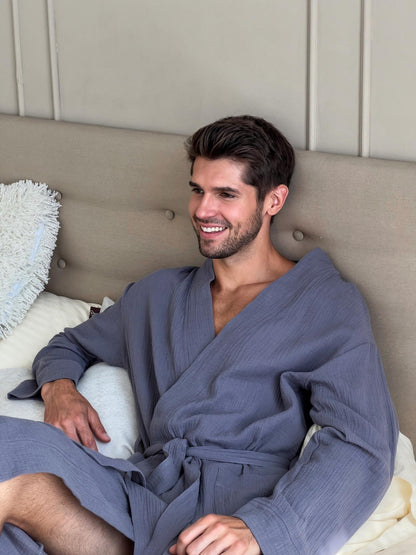 Чоловічий халат із мусліну темно-сірий з синім відтінком Estet