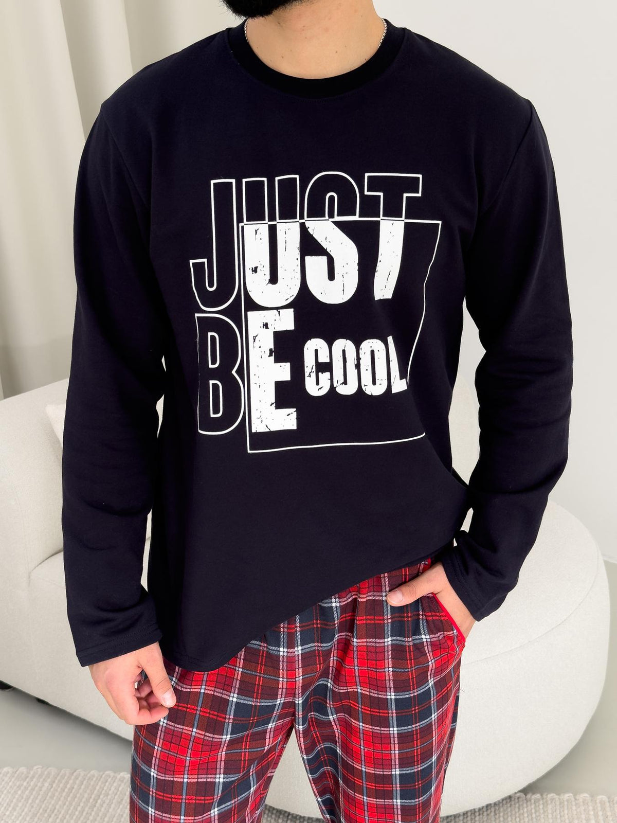Піжама чоловіча тепла Just be COOL (штани+лонгслів) прінт, клітина червоно-синя, трикотаж червоний — фото 5