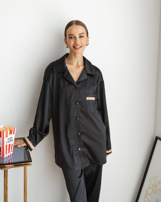 Жіноча піжама Армані шовку Victoria. Комплект Сорочка та штани. колір Чорний. QC