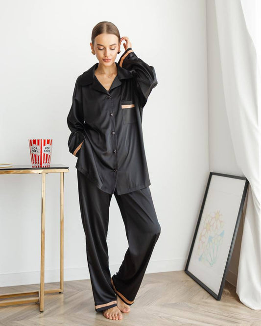 Жіноча піжама Армані шовку Victoria. Комплект Сорочка та штани. колір Чорний. QC