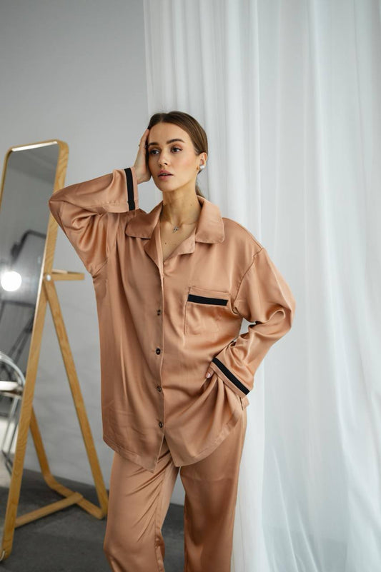 Жіноча піжама Армані шовку Victoria. Комплект Сорочка та штани. колір Бежевий. QC