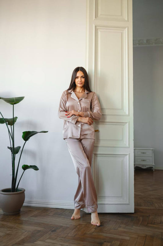 Жіноча піжама Армані шовк у стилі Вікторія Сікрет. Сорочка та штани. колір Беж. QC