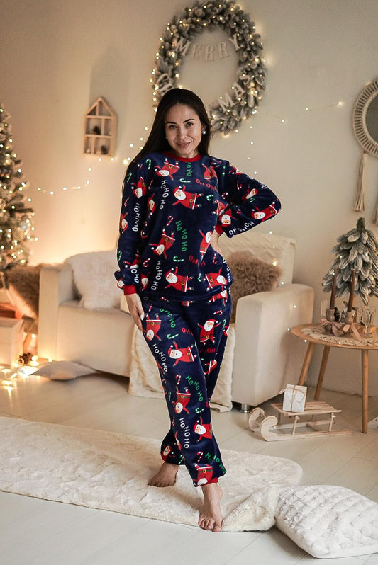 Жіноча тепла піжама з велсофту Santa, темно-синій з принтом Санти