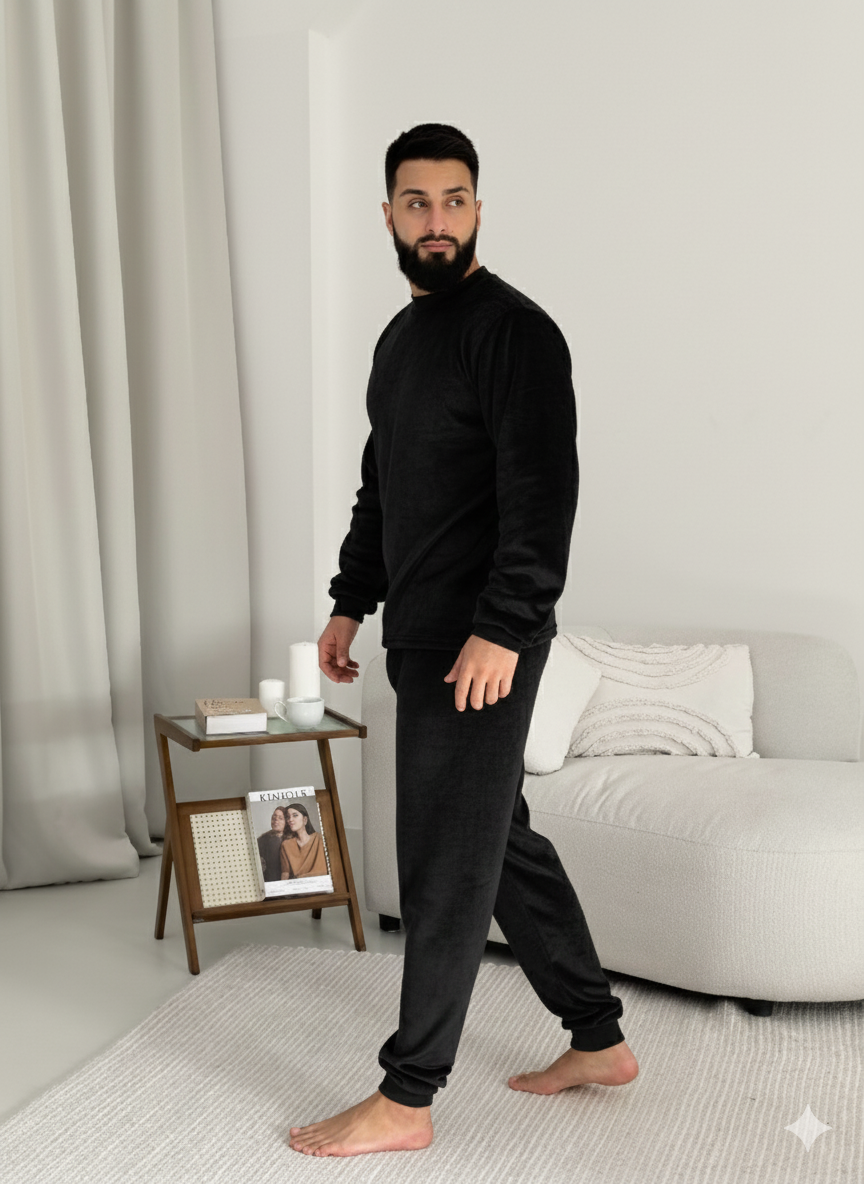 Чоловіча чорна фланелева піжама з м’якого велсофту