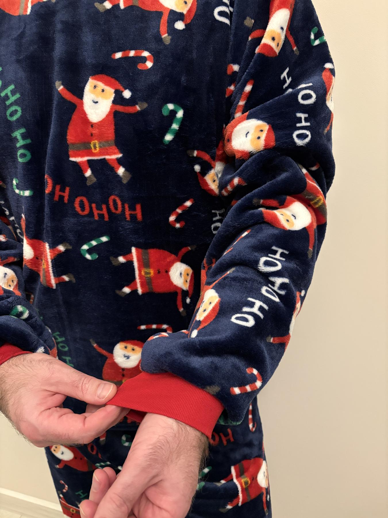 Чоловіча тепла піжама з велсофту "Santa", комплект сорочка і штани темно-синій з принтом Санта